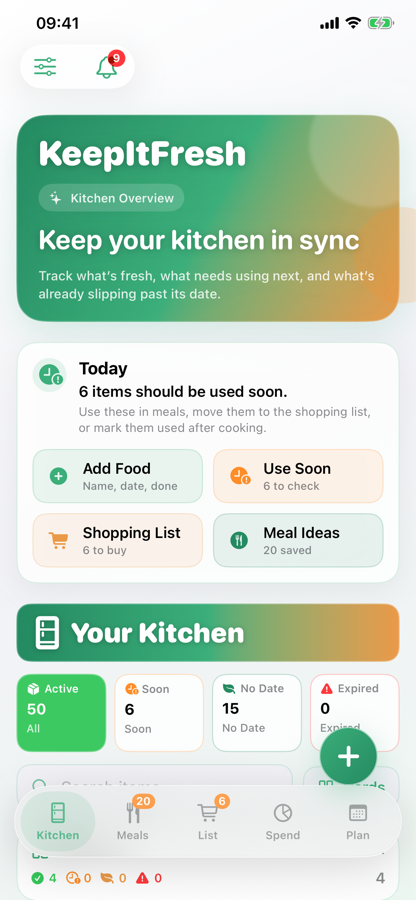 KeepItFresh kitchen overview showing inventory, items to use soon and shopping list