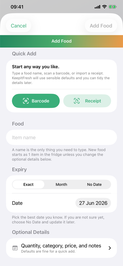 KeepItFresh options for adding food