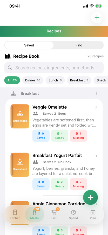 Saved recipes in KeepItFresh